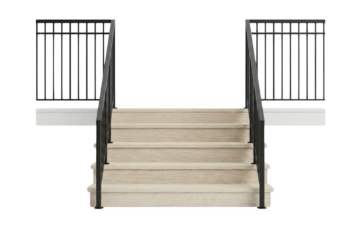Black metal railings on wooden steps